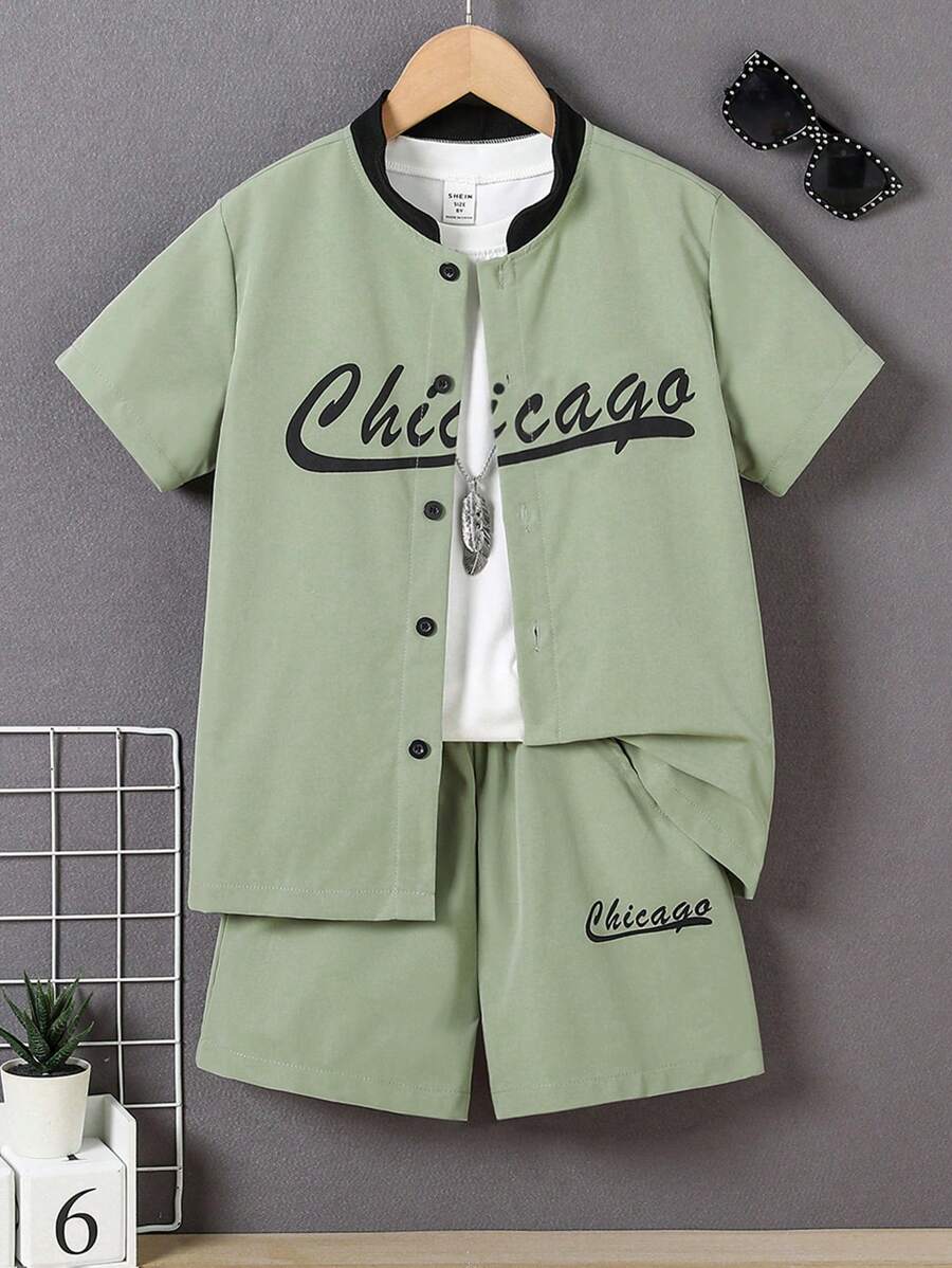 SHEIN Boys Letter Graphic Baseball Collar Shirt & Shorts Without Tee