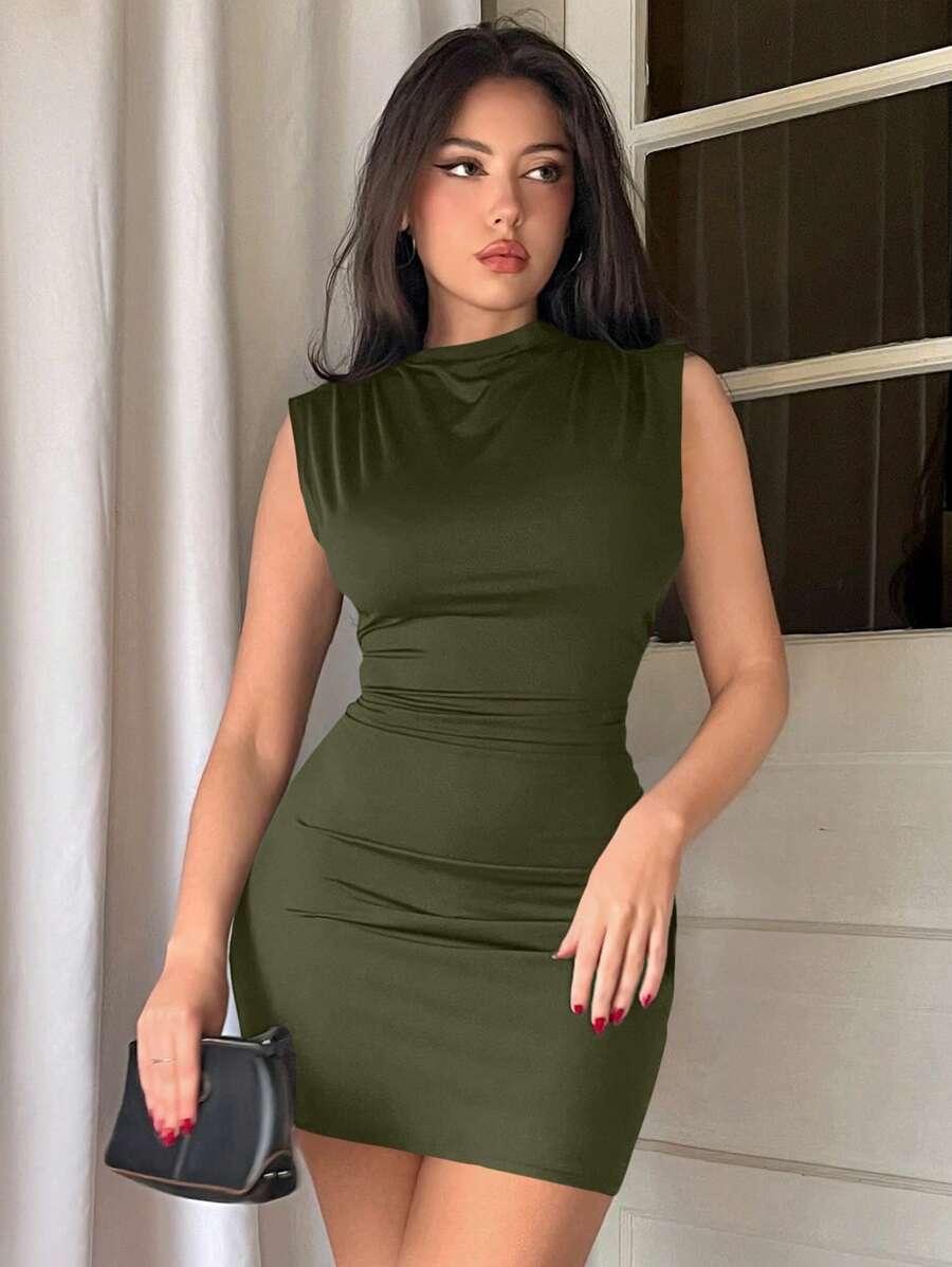 Firerie Summer Solid Color Sleeveless Bodycon Pleated Mini Dress