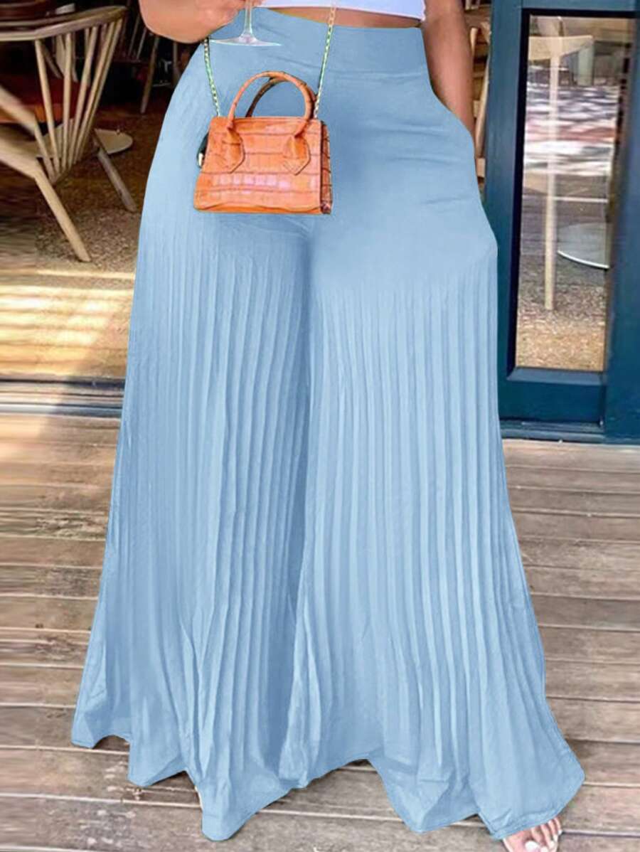 Slaydiva Women Plus Size Pleated Wide Leg Solid Color Daily Wear Trousers