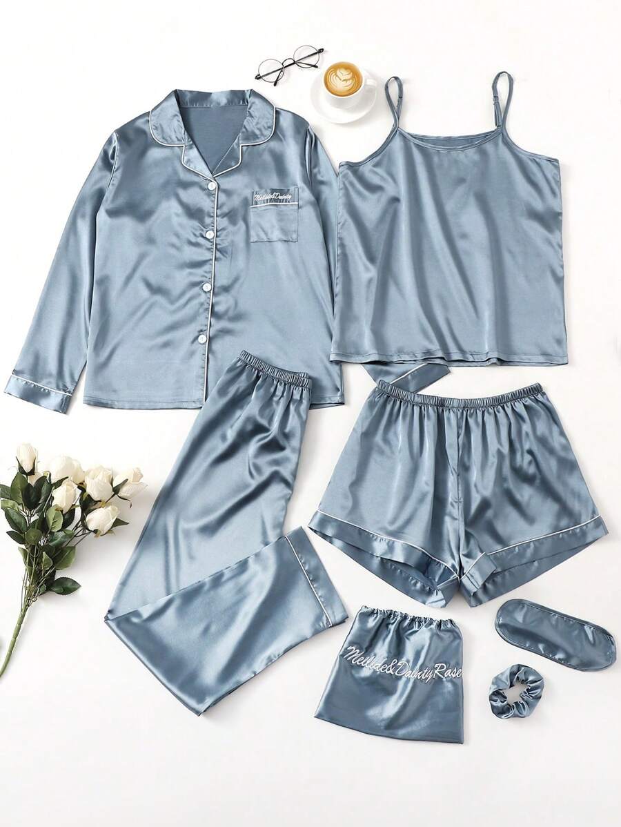 7pcs Contrast Binding Satin PJ Set / Pajama Set, Vacation