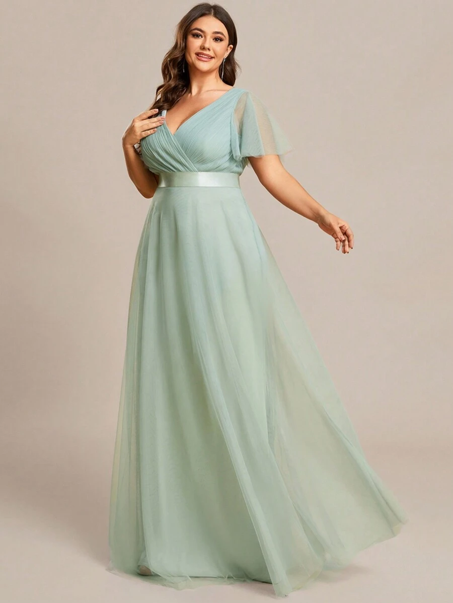 EVER-PRETTY Robe de demoiselle d'honneur à taille haute avec body froncé en maille, grande taille