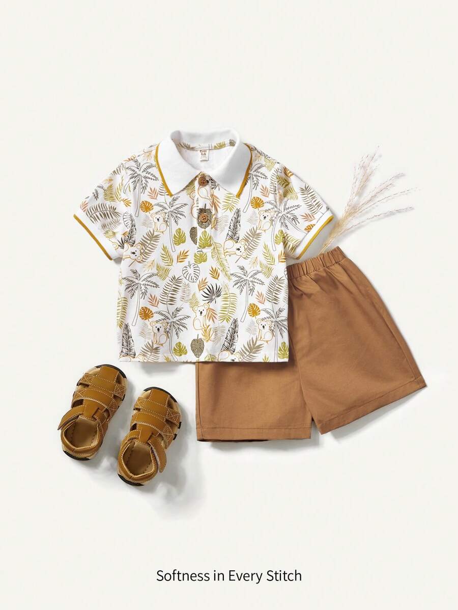 Cozy Pixies Baby Boy Plant And Animal Pattern Polo Collar Short-Sleeved Cardigan With Casual Shorts Two-Piece Set