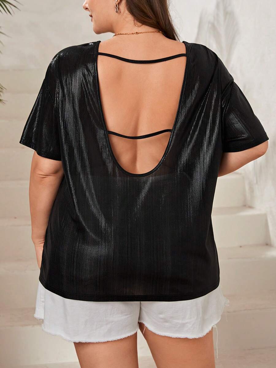 SHEIN Essnce Plus Size Glossy Coated Open Back V-Neck T-Shirt
