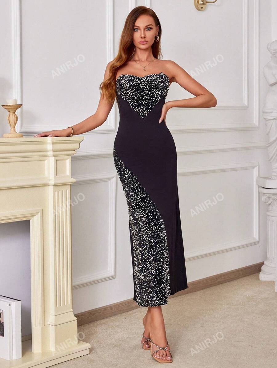 Vestido elegante de cóctel ajustado con lentejuelas y parches en malla sin tirantes para mujer, vestido formal de gala