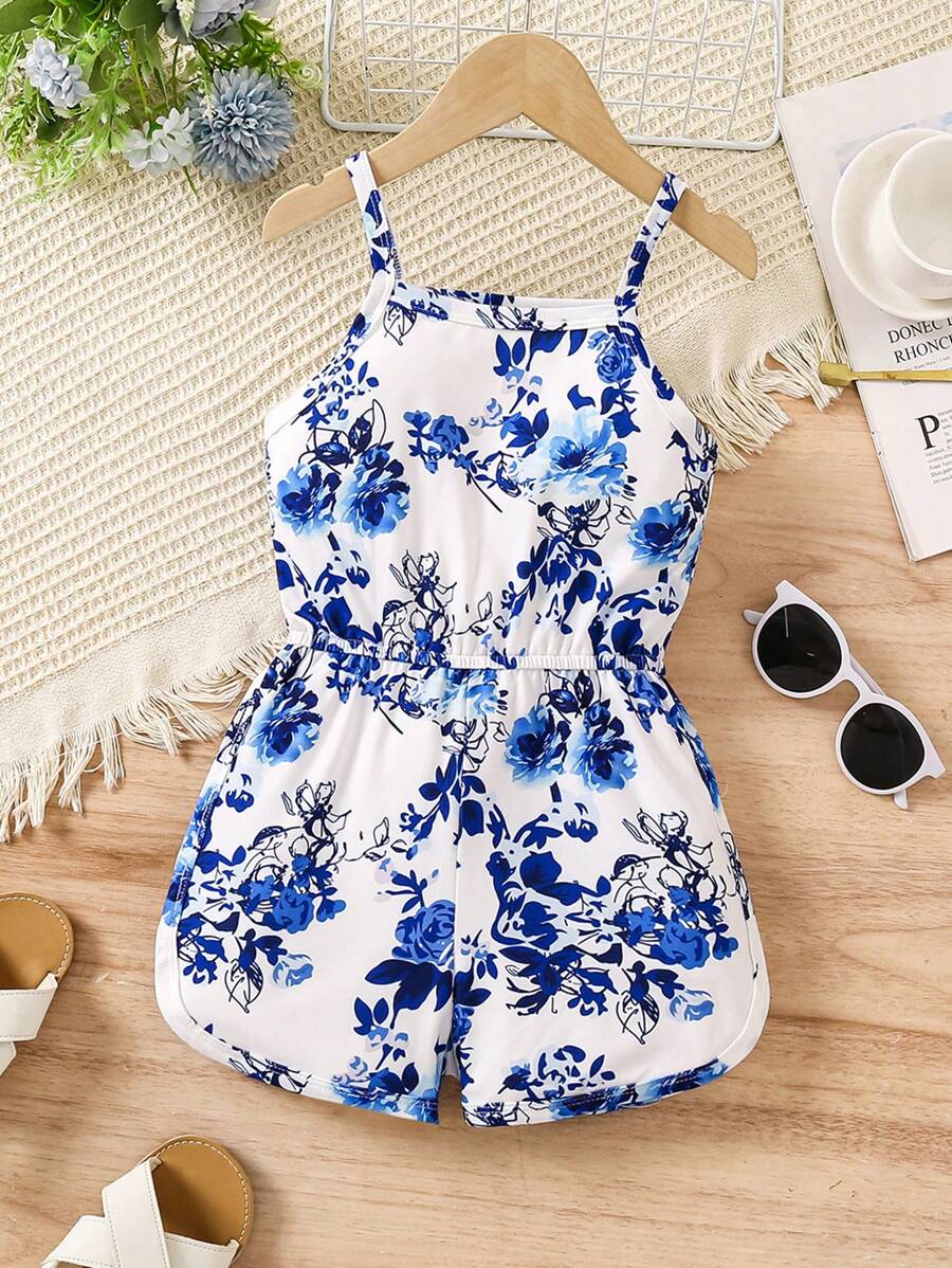 SHEIN Young Girl Floral Printed Cinching Waist Romper For Vacation And Leisure