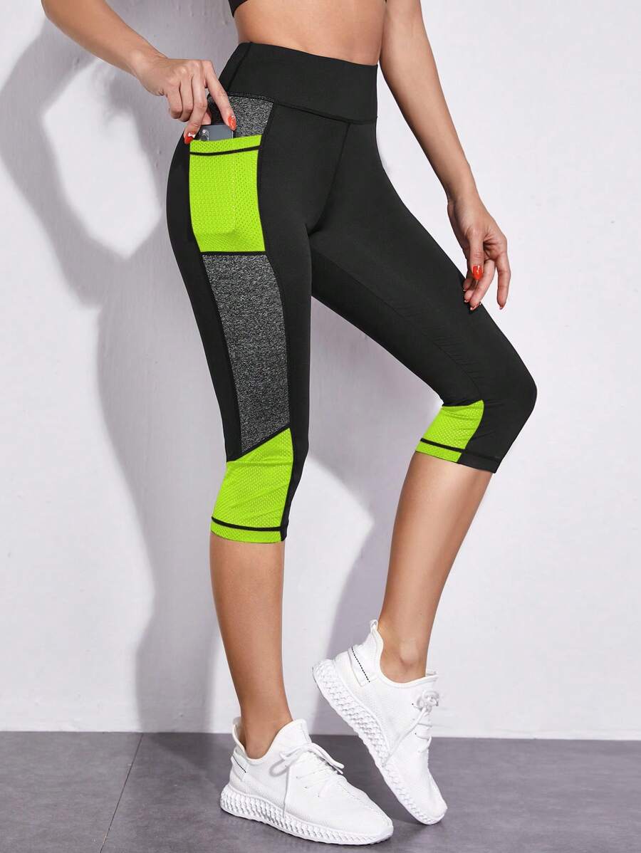 SHEIN Sport Gameset Women Color-Block Sporty Capri Leggings With Pockets For Casual Wear