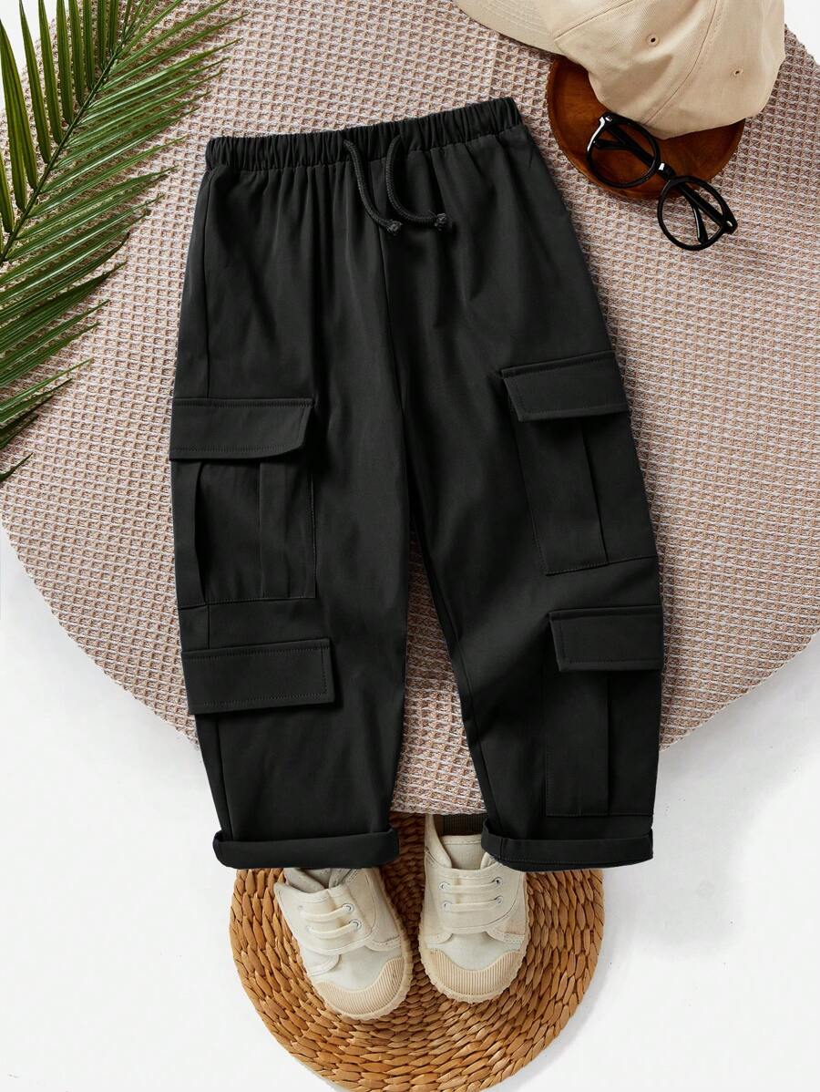 SHEIN Young Boy 1pc Casual Street Multi-Pocket Decoration Solid Color Elastic Waist Drawstring Pants