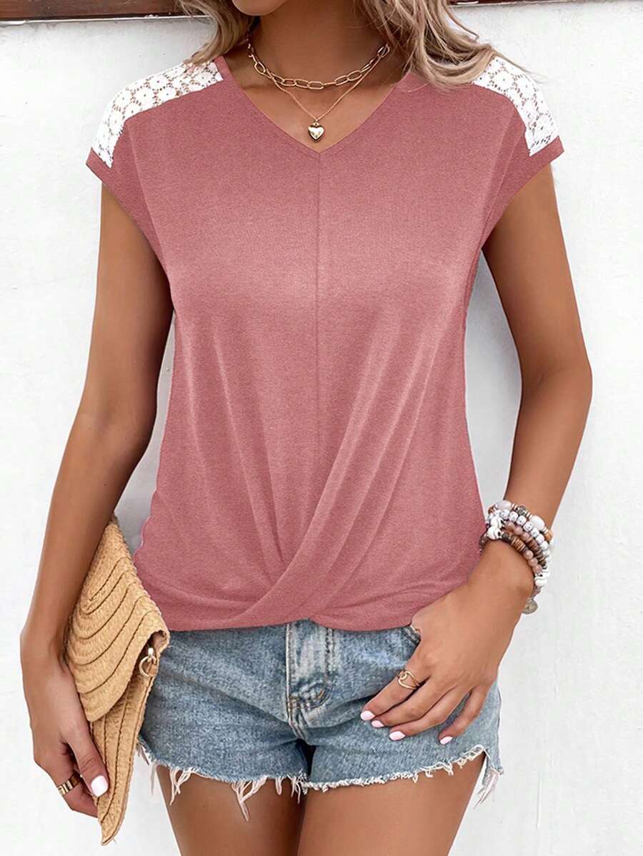 SHEIN LUNE Women Solid Color Simple Lace Decor Daily T-Shirt
