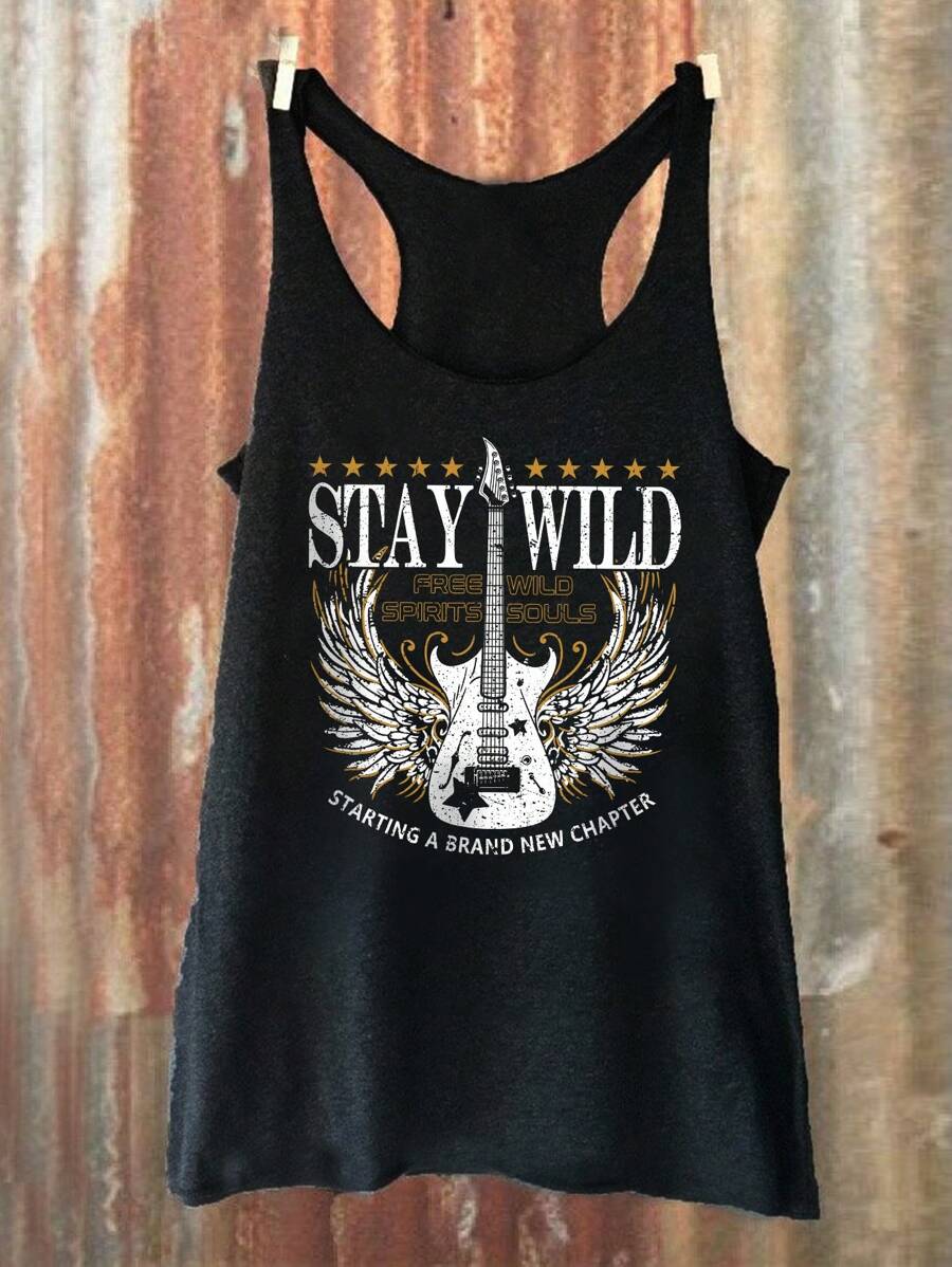 SHEIN EZwear American Retro Guitar Print Casual Tank Top For Women, Summer
