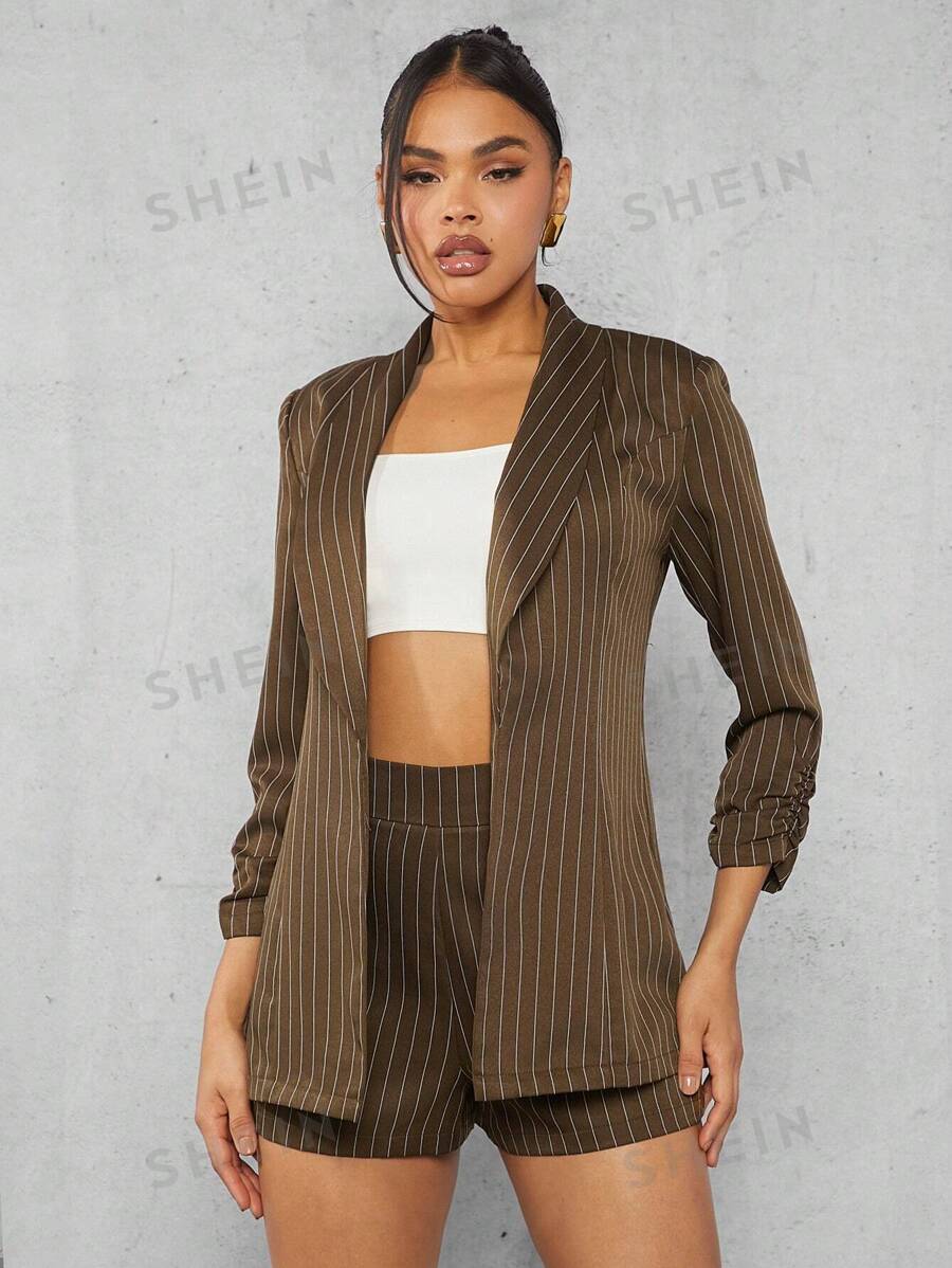 Hauture Blazer De Cuello De Chal Con Estampado A Rayas Y Shorts