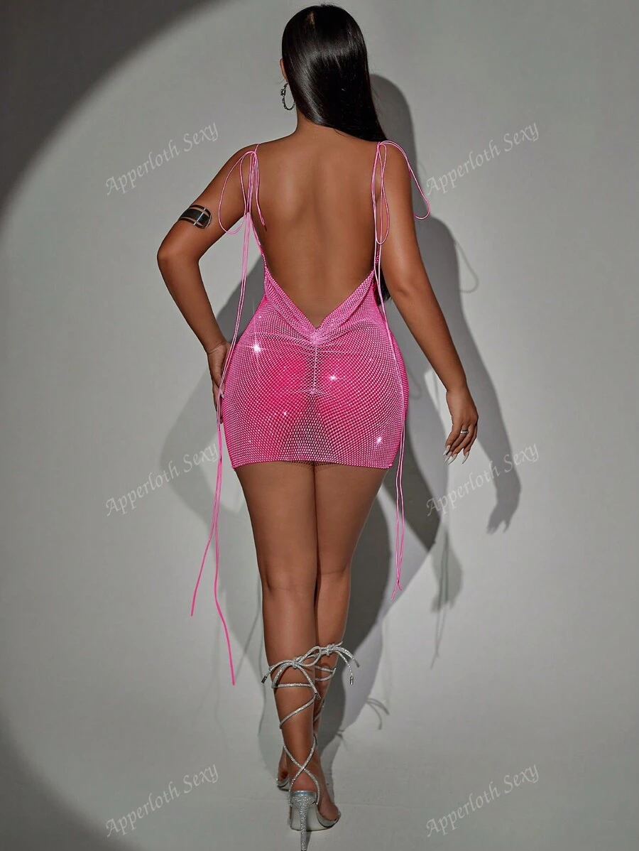 Festivalul de muzică Rave, strasuri strălucitoare din plasă din plasă transparentă, cu cravată pe umeri, mini rochie bodycon pentru ieșire în noapte