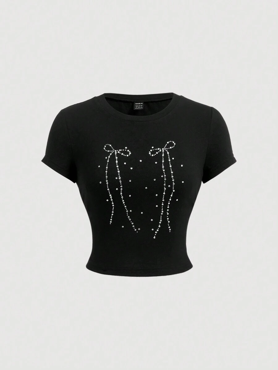 SHEIN MOD Camiseta de manga corta con lazo de strass para mujer talla grande de verano