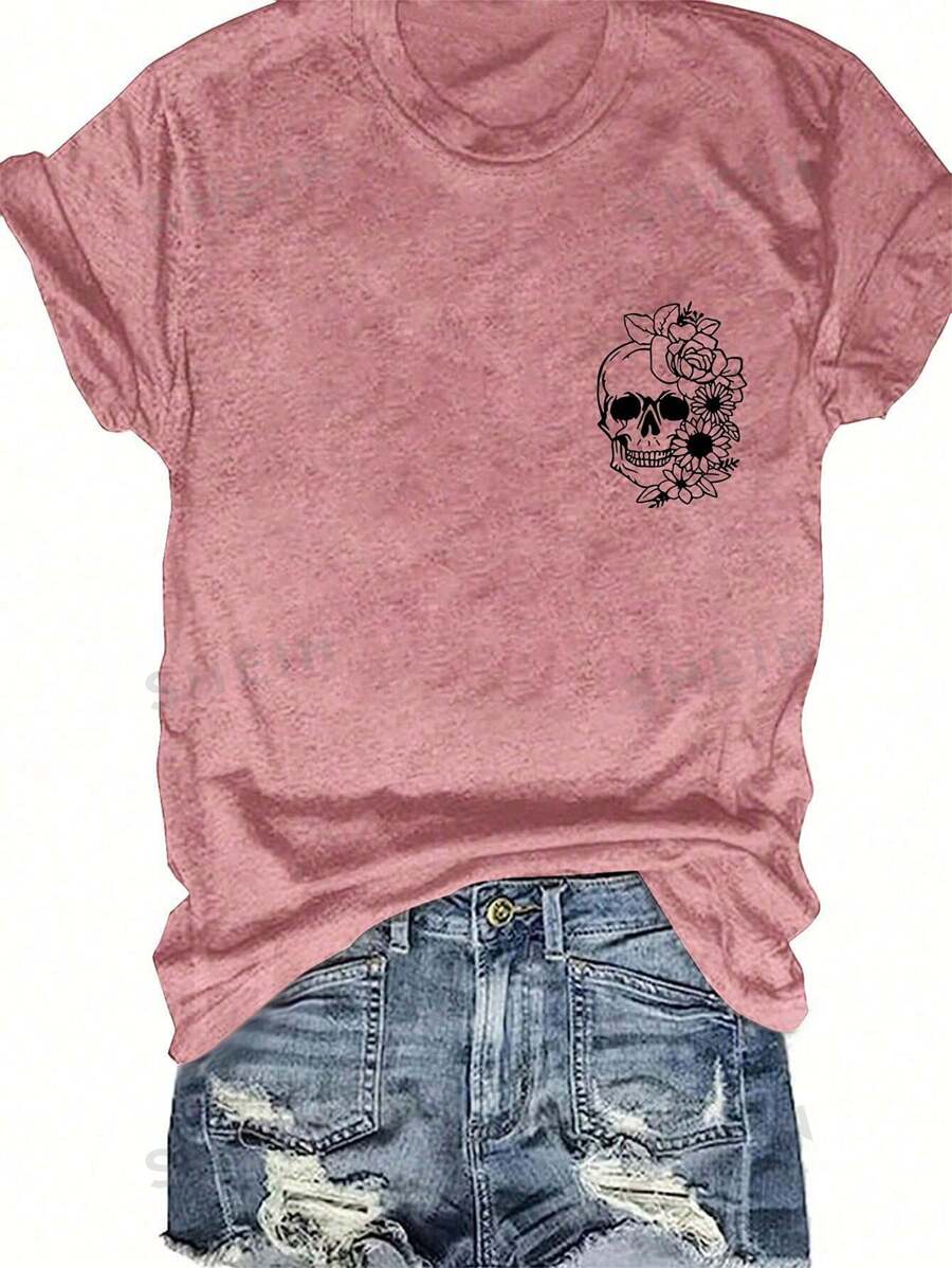 INAWLY Camiseta de manga corta informal de mujer con estampado de calavera y flor, camiseta gráfica