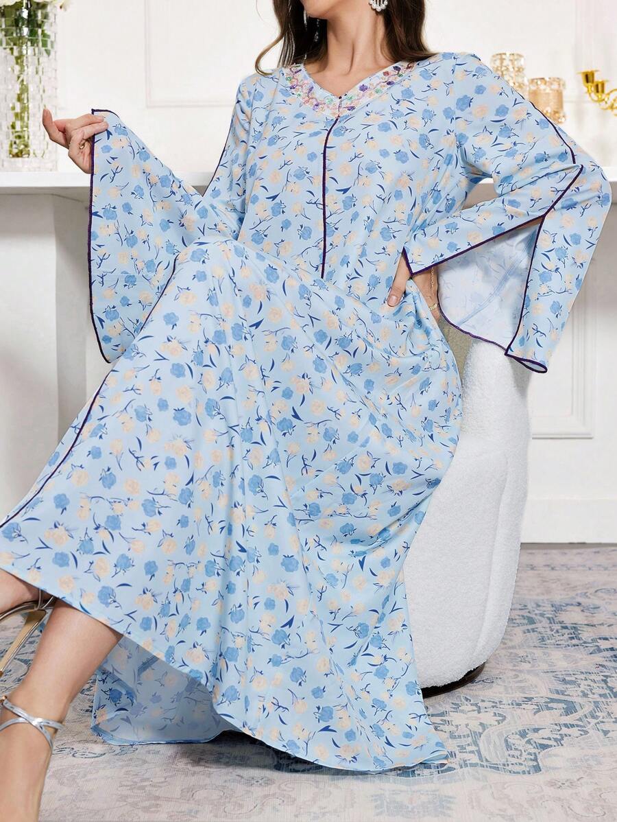 Al Najma Women's V-Neck Split Sleeve Casual Arabian Dress, Full Length Jalabiya, Casual Dress
