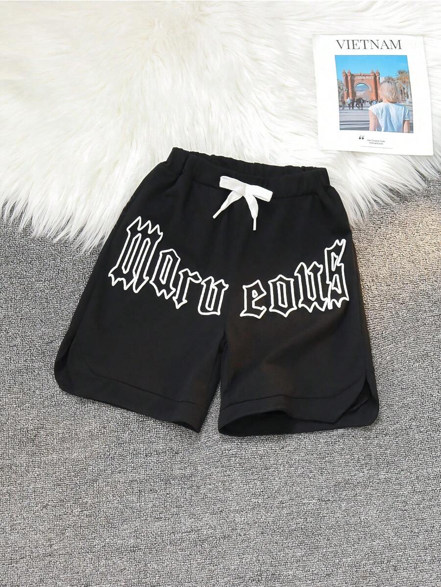SHEIN Summer Young Boy Casual Letter Print Bow Bermuda Shorts