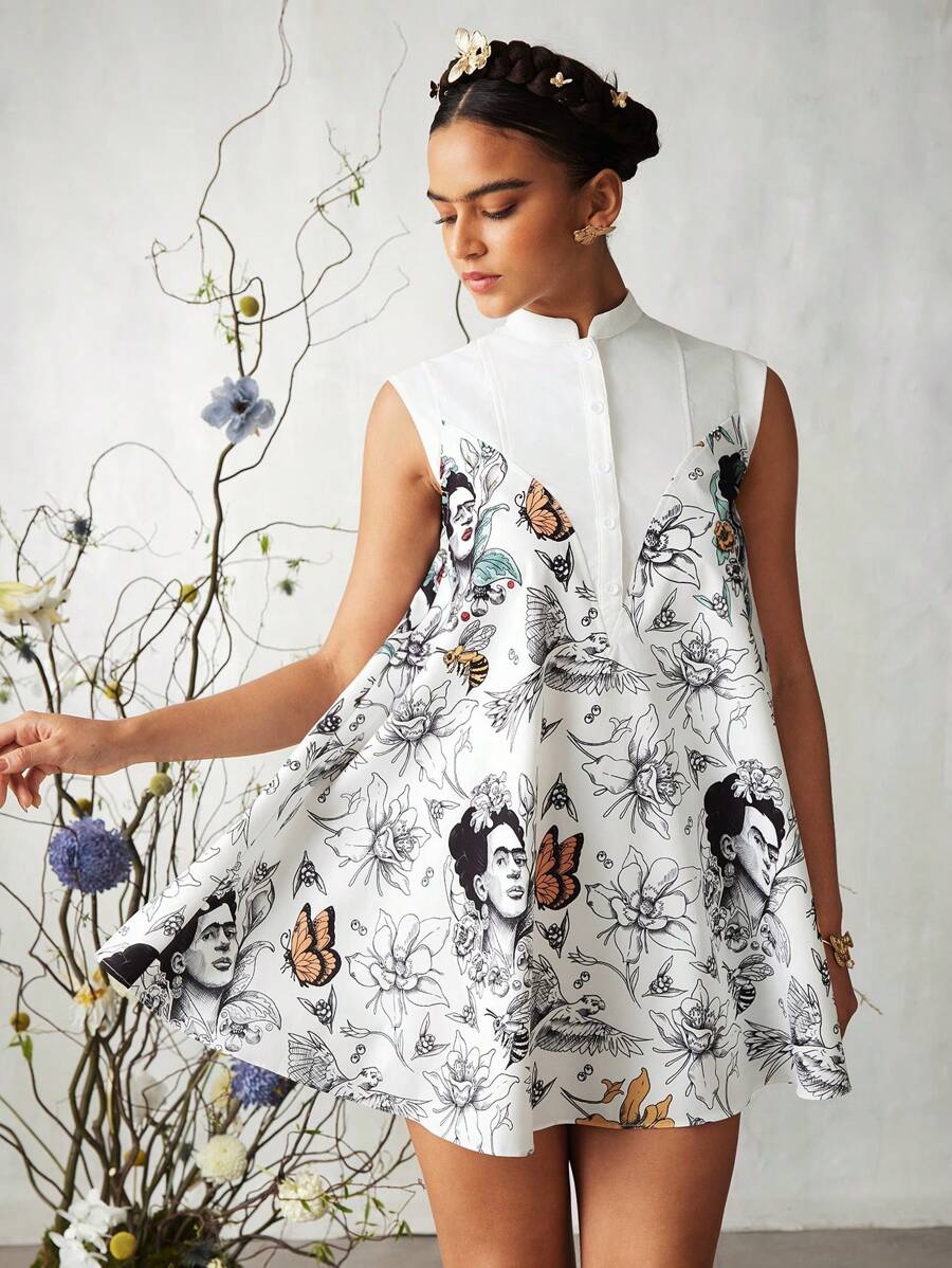 Frida Kahlo X SHEIN X Designer KATHARSIS Robe chemise ample de style boho bohème avec imprimé floral et personnages, style casual vacances. Robe élégante d'été pour fête, Thanksgiving, vacances, festival