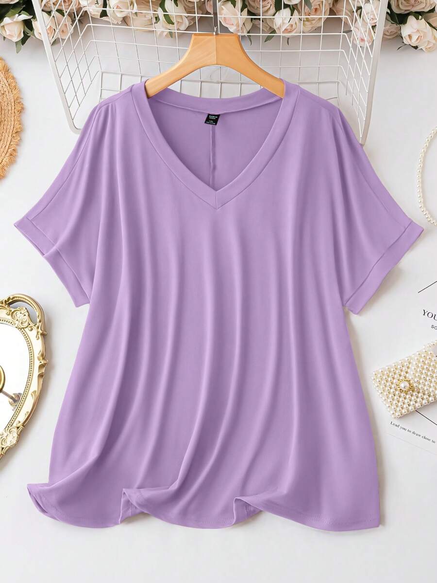 EMERY ROSE Plus Size Solid Color V-Neck Summer Short Sleeve T-Shirt