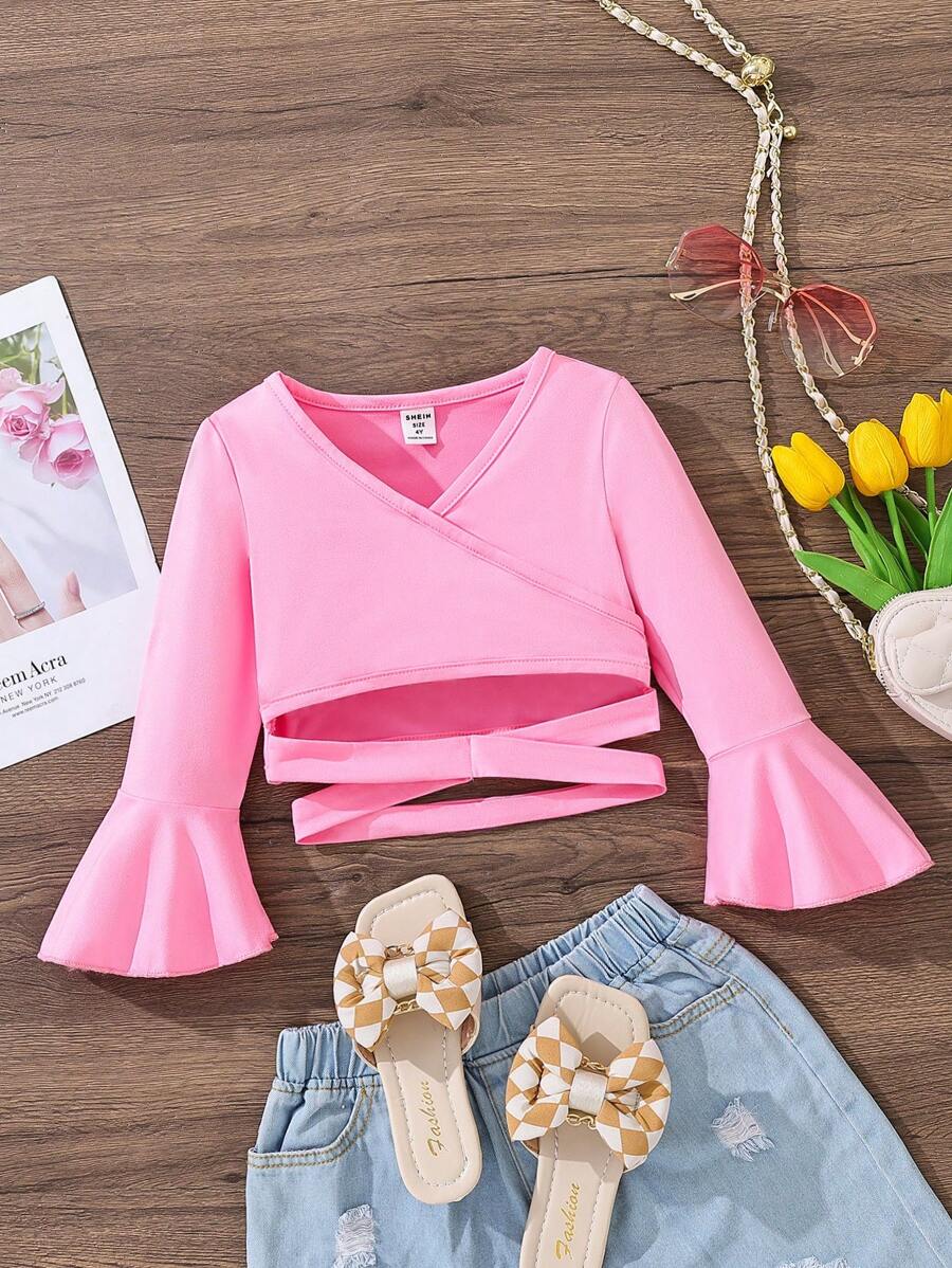 Camiseta com Decote V Cruzado Elegante com Mangas Sino para Jovens, Primavera/Verão