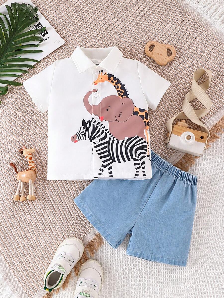 2pcs/Set New Summer Style Fun & Lovely Animal Knitted Denim Washed Casual Sporty Outfits For Baby Boys