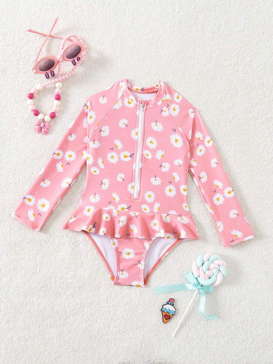 SHEIN Costume Da Bagno Con Cerniera Frontale A Maniche Lunghe Con Motivo Di Margherite Per Ragazze Giovani