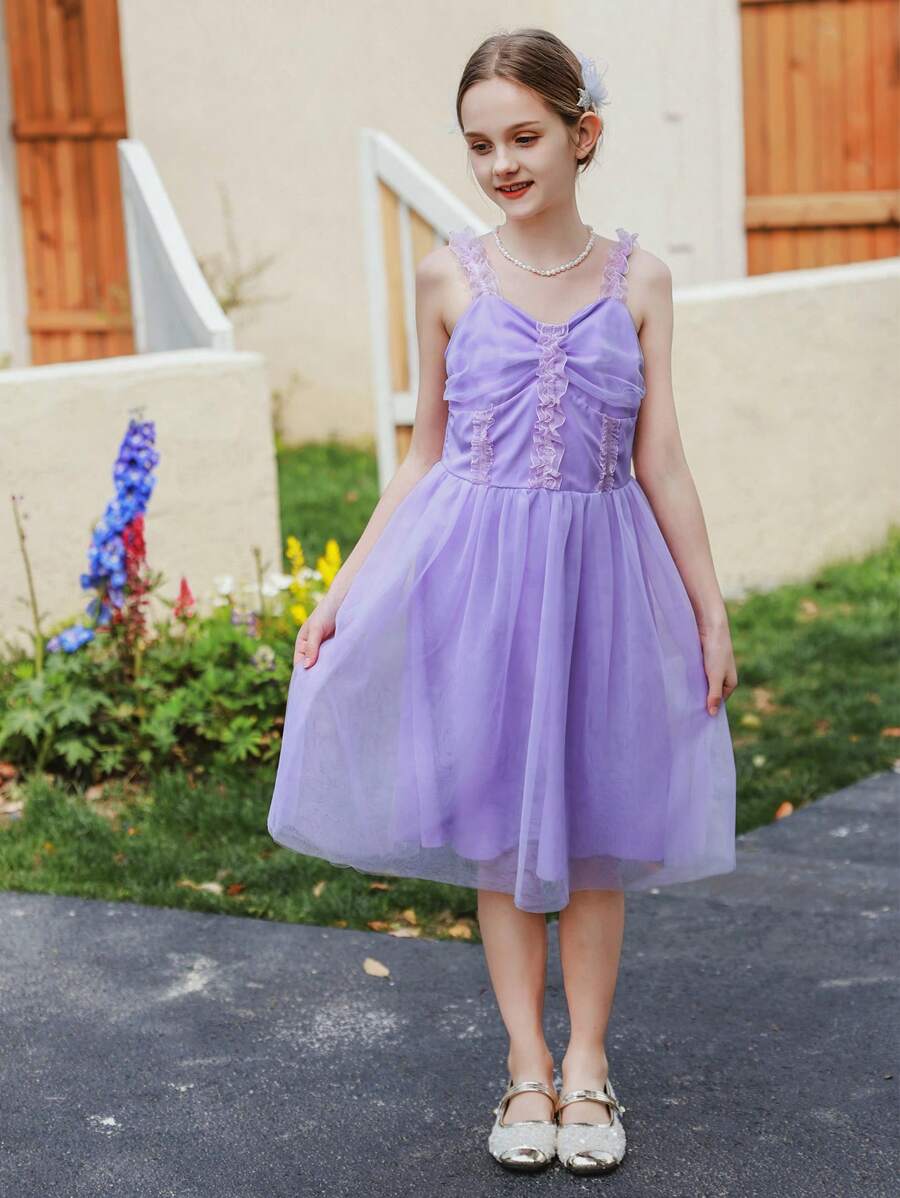 SHEIN Vestido de fiesta con tirantes de encaje y tul esponjoso para el Día de los Niños Mexicanos, adecuado para actuaciones, bodas, festivales y fiestas de cumpleaños, para niñas preadolescentes