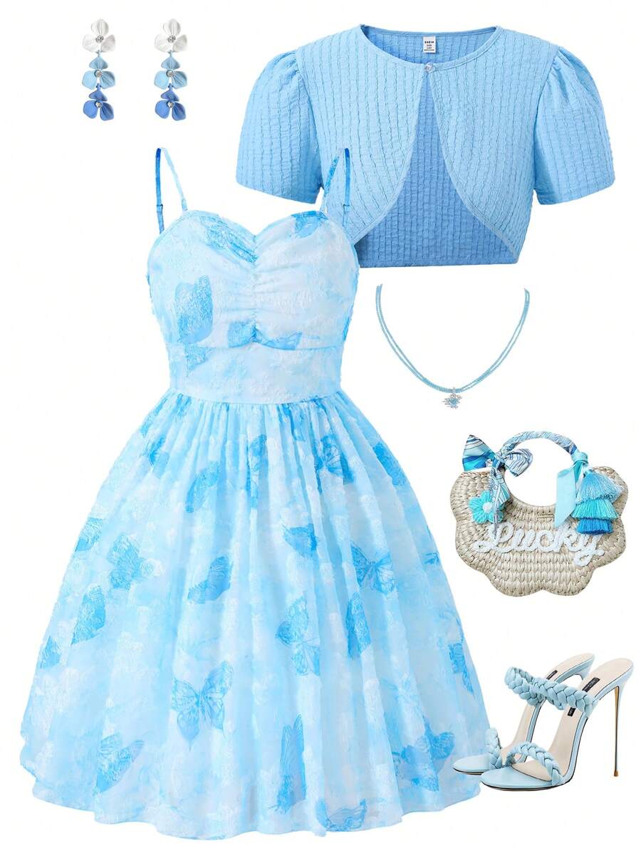 SHEIN Lunivi Elegantes Sommerkleid Aus Strukturiertem Stoff Für Teenager-mädchen Im Urlaubsstil Mit Spaghettiträgern Und Mantel, Geeignet Für Feiertagstreffen