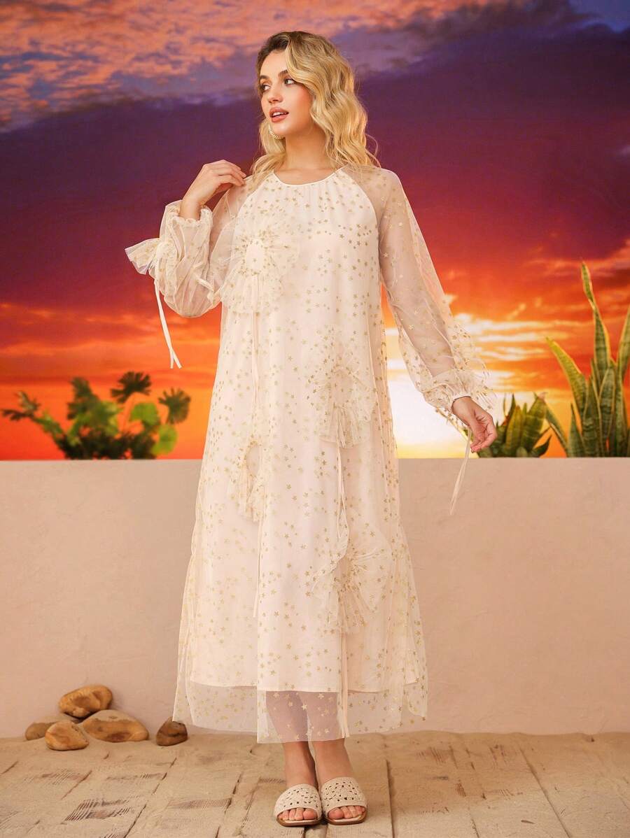 Aveloria Women Star Print Mesh Splice 3D Floral Decor Long Sleeve Loose Dress