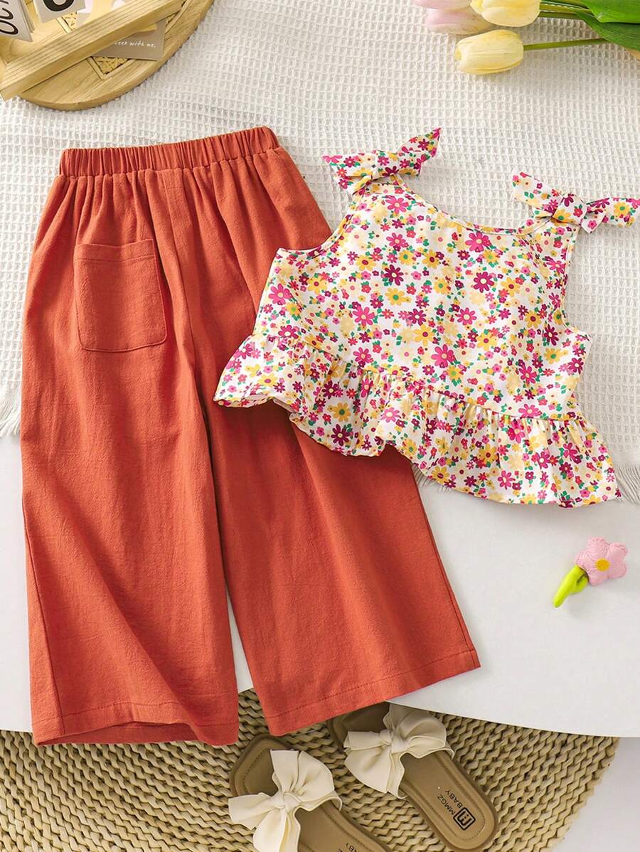 SHEIN LMoss Kids Conjunto de verano para niñas con top tipo camiseta de tirantes con estampado floral tejido y pantalones casuales sueltos y tejidos