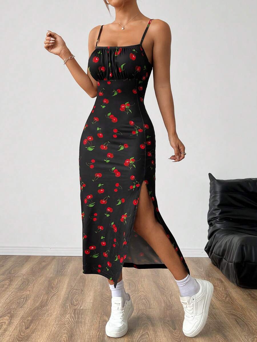 SHEIN EZwear Cherry Print Split Thigh Cami Maxi Summer Dress
