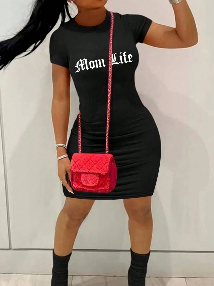 Fashionable Versatile Casual Letter Print Slim Fit Mini Dress