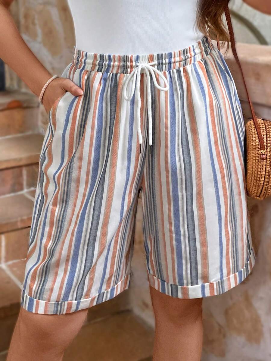 SHEIN LUNE Pantalones cortos de verano de algodón cómodos con cintura alta y estampado de bloques de color para mujer de talla grande