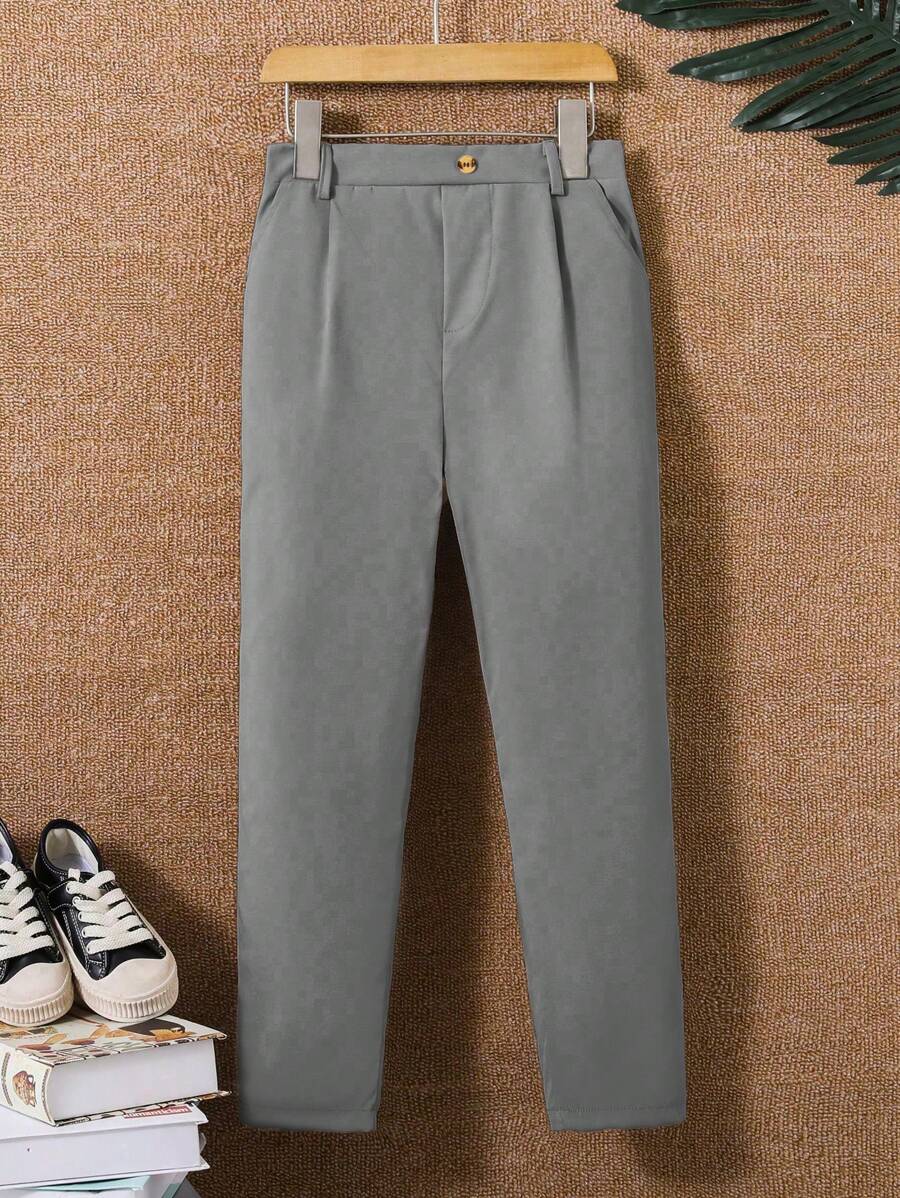 SHEIN Tween Boy Solid Color Pleated Casual Tapered Pants, Suitable For School Events And Gatherings