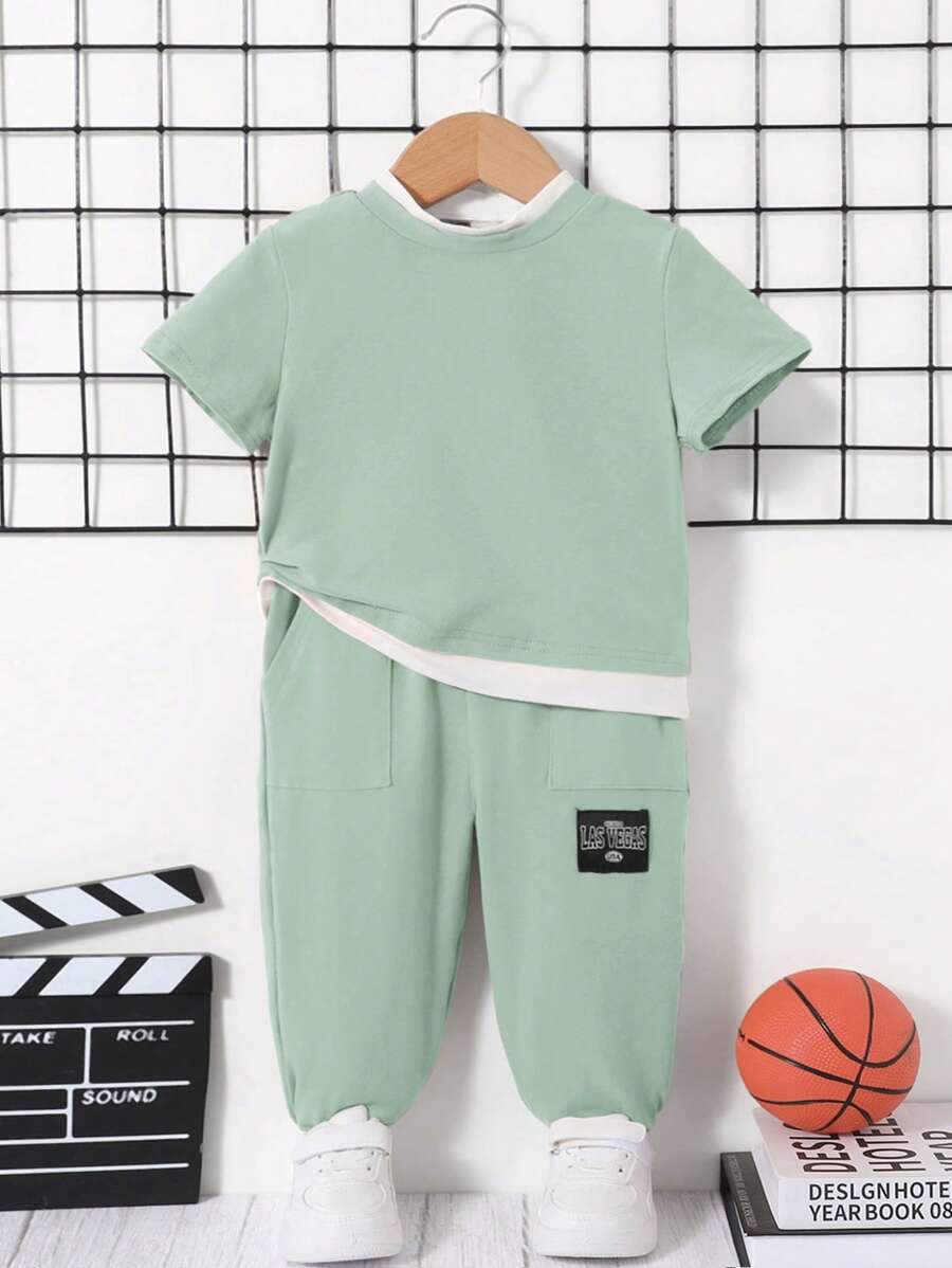 SHEIN Baby Boy Color Block Round Neck Oversized Short Sleeve T-Shirt And Sports Jogger Pants Set