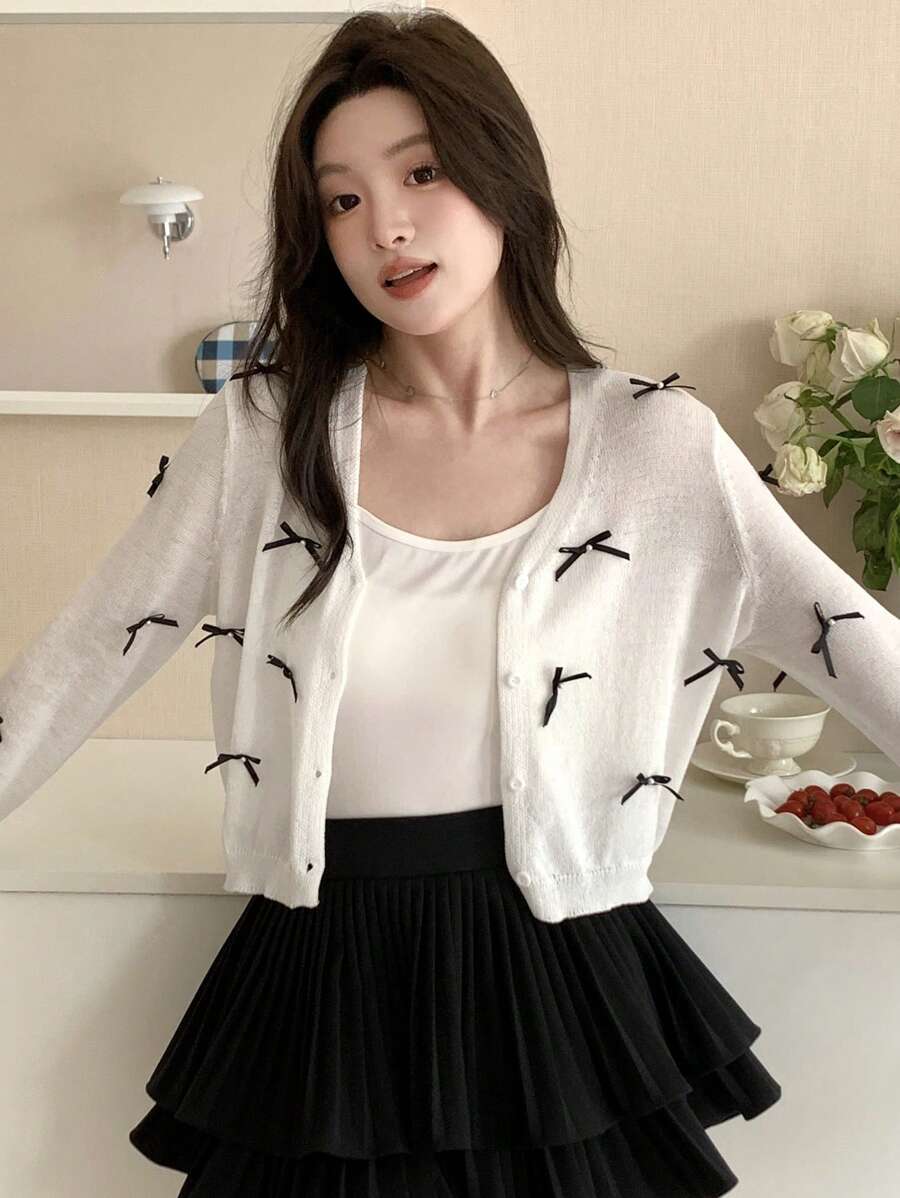 DAZY Ladies Loose Fit Cardigan With Bow Decoration, V-Neck, And Long Sleeves
