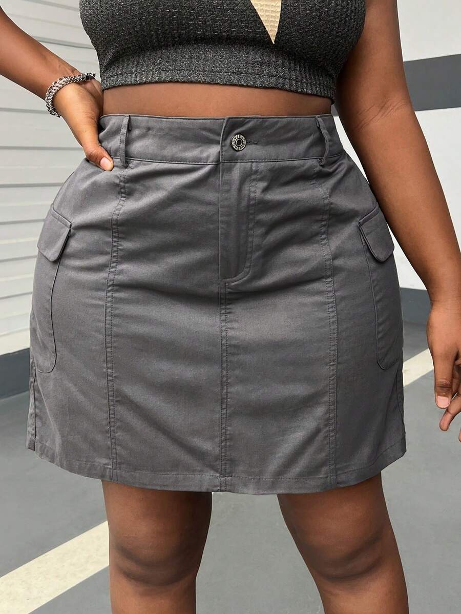 SHEIN EZwear Plus Size Women's Grey Woven Utility A-Line Skirt