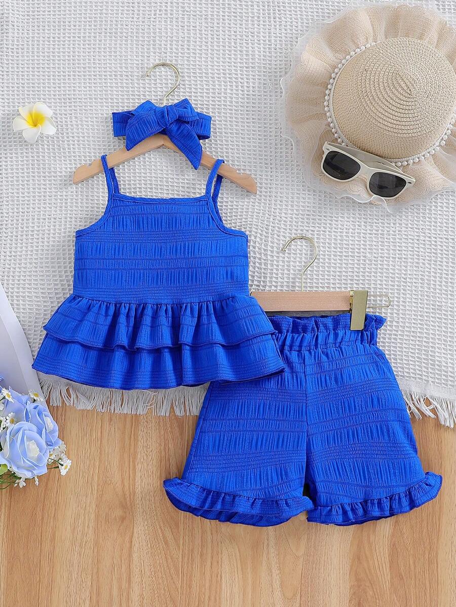 SHEIN Young Girls' Summer Solid Color Double-Layer Ruffle Hem Tank Top And Shorts Set With Hairband, Cute 2pcs/Set