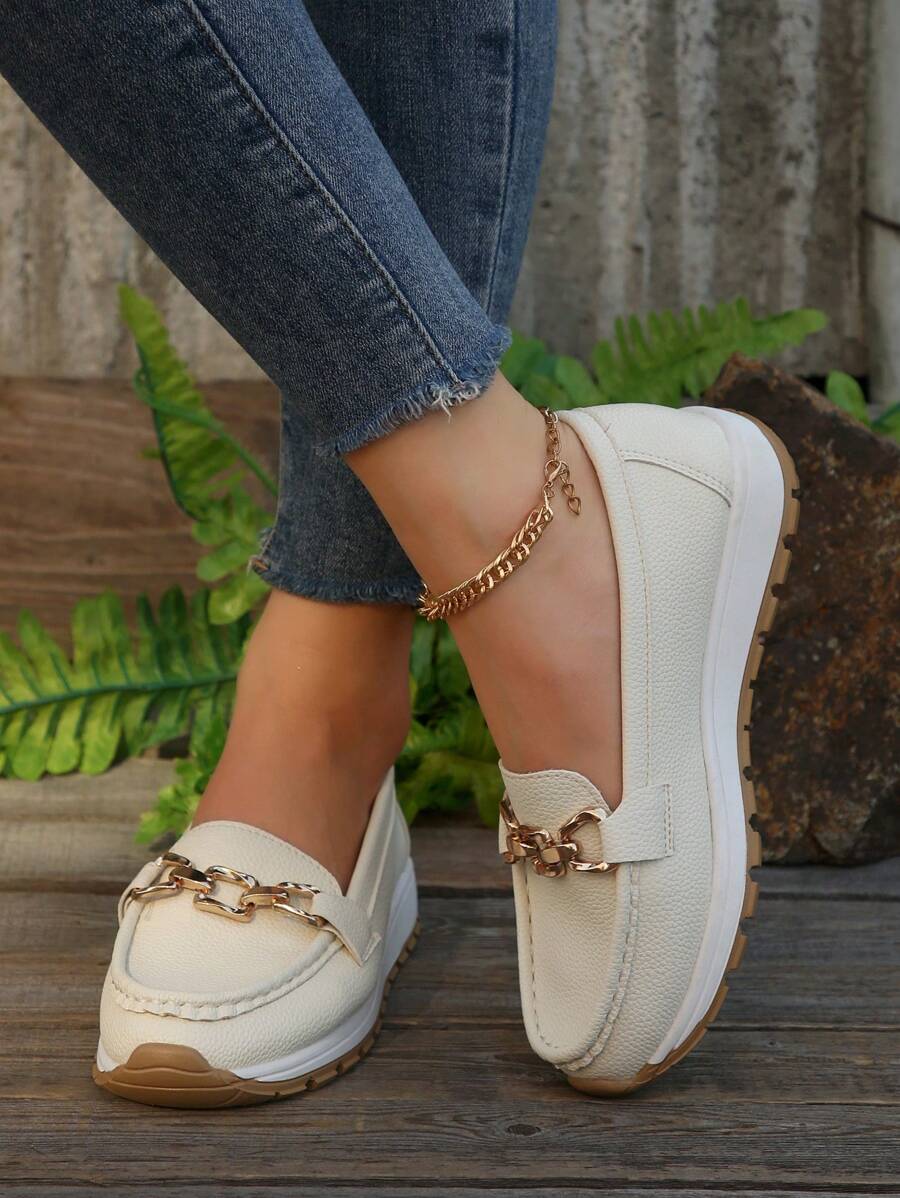 Thick-Soled Comfortable Slip-On Rocking Shoes, White Flat Women's Shoes With Loafers And Soft Soles