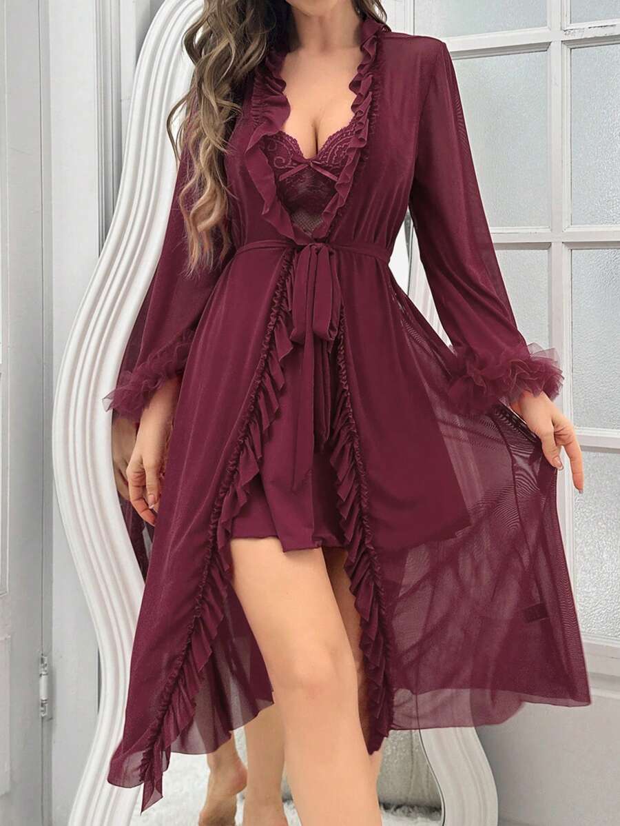 Women Solid Color Lace Patchwork Backless Halter Neck Nightgown With Ruffle Hem Robe Sleepwear Set Pajama Set