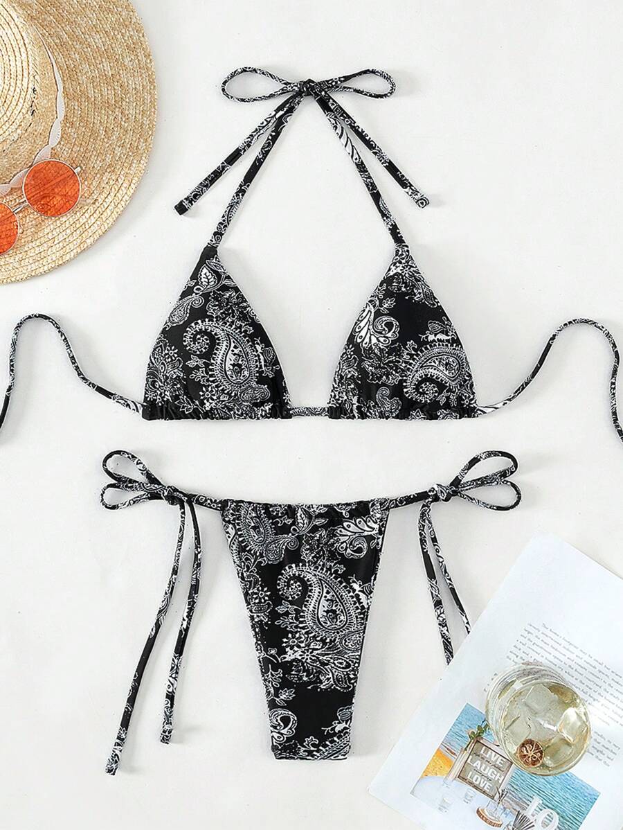 SHEIN Swim Women Printed Halter Neck Bikini Set With Triangle Bra And Tie Side Bottom, Perfect For Holiday, Random Print,Summer Beach