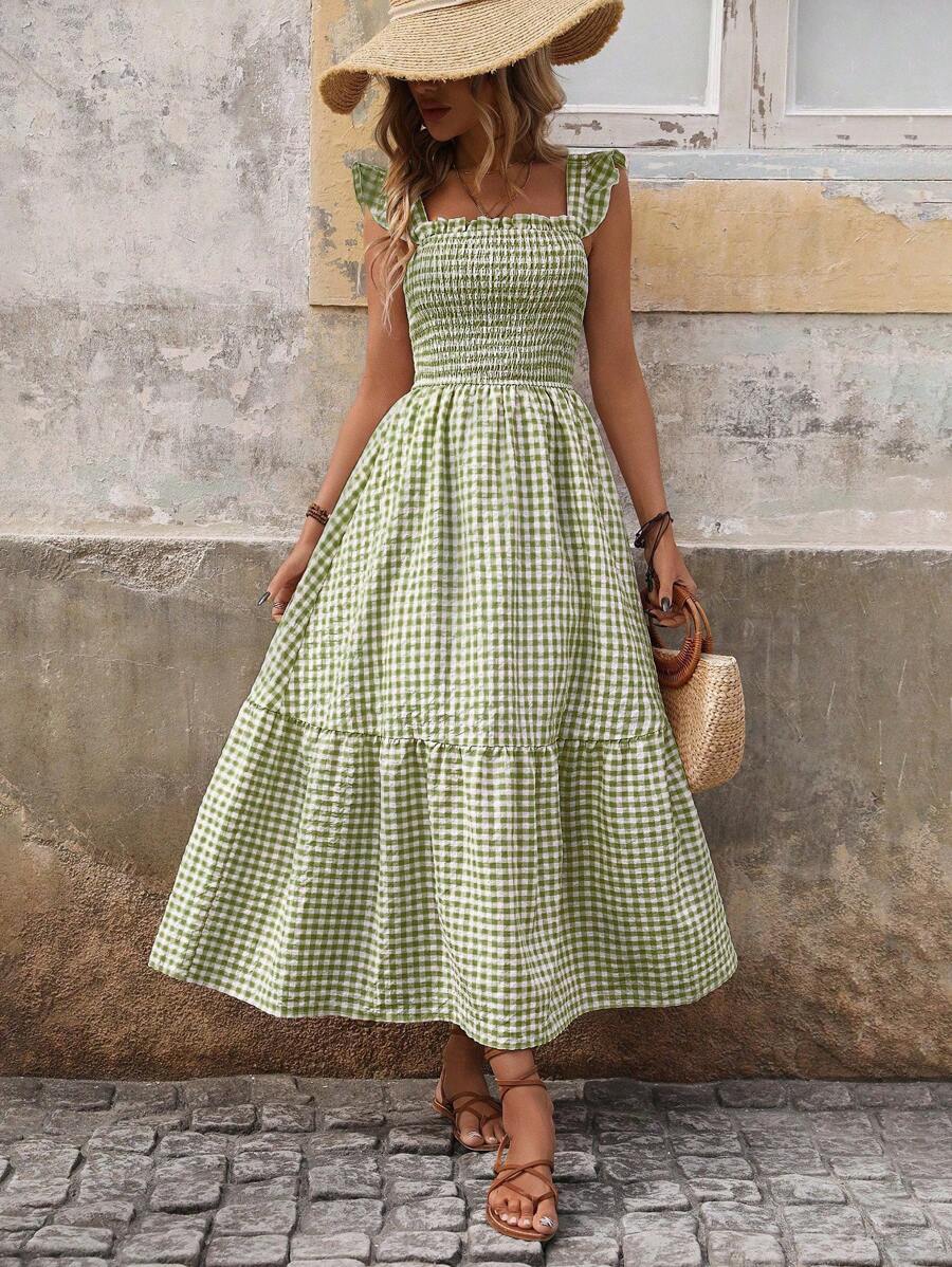 Breezaya Random Plaid & Floral Print Ruffle Trim Spaghetti Strap Vacation Leisure Dress Maxi Vacation Beach Outfits Women