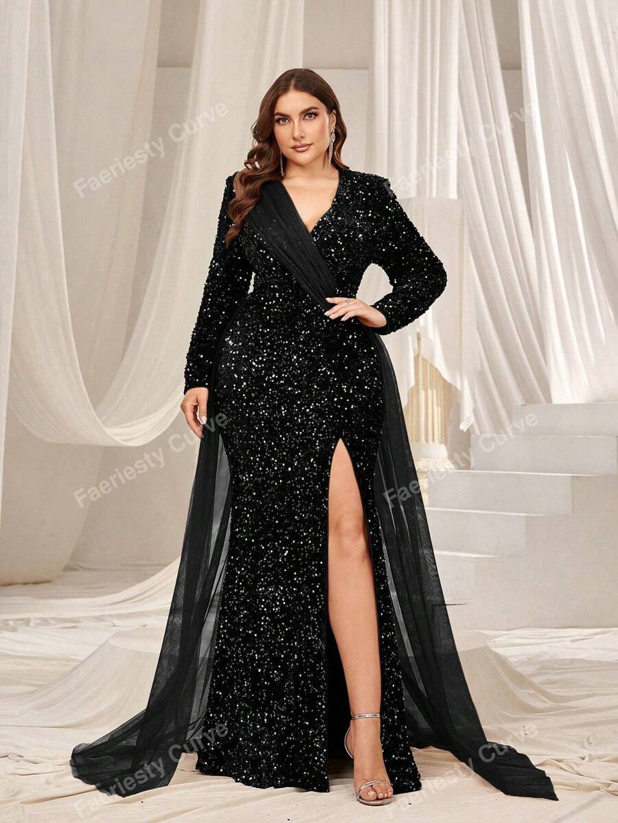 Faeriesty Plus Mesh Contrast Sequin Mermaid Hem Formal Dress Black Elegant Long Sleeve Evening Wedding Guest Gown, For Graduation, Dinner