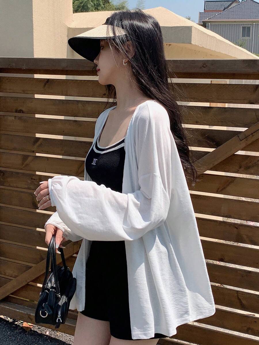 DAZY Women Loose Open Front Long Sleeve Sunscreen Cardigan Jacket For Air-Conditioned Room, Thin Sheer