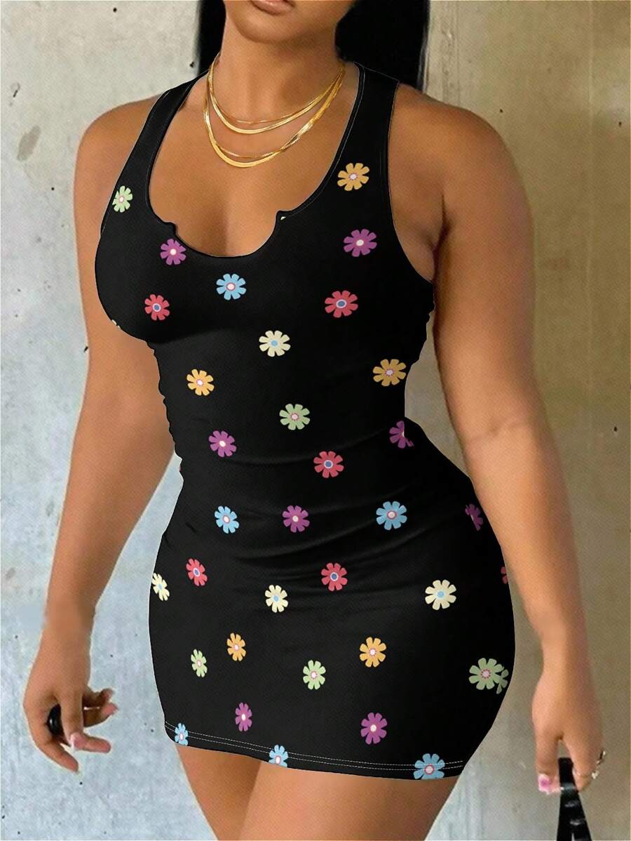 Slaydiva Plus Size Women Sexy Casual Sleeveless V-Neck Floral Printed Dress, Summer