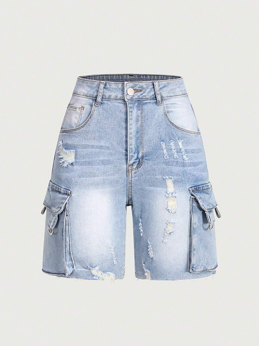 SHEIN Rozciągliwe, postrzępione spodenki jeansowe dla nastolatków z kieszenią na akordeon