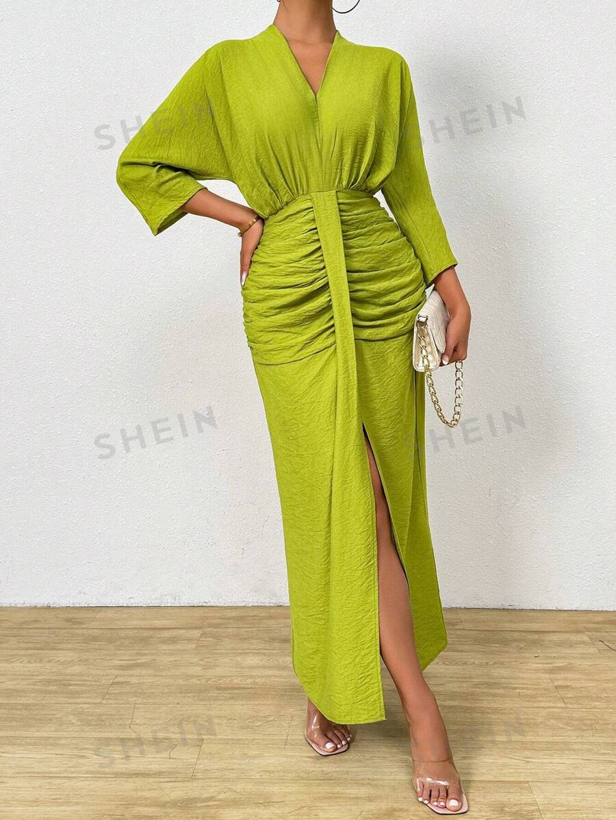 Calvaya Vestido con pliegues y cinturón de cintura para mujer con cuello en V a la moda