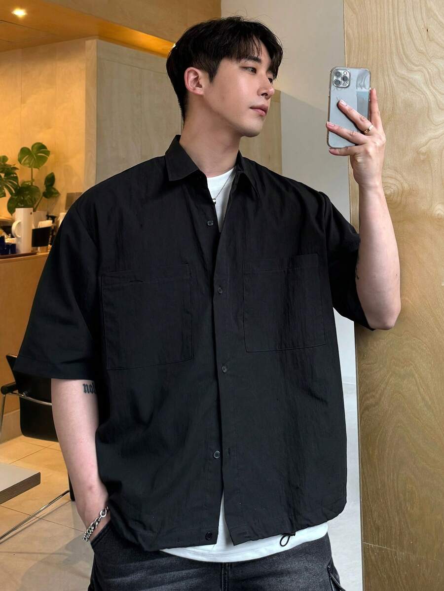 DAZY Camisa de manga corta para hombre de unicolor con botones frontales y cuello con solapa para el verano