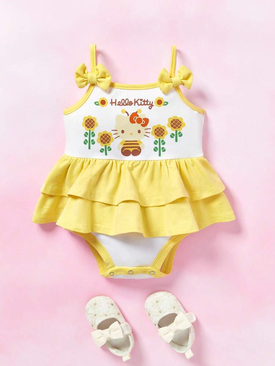 HELLO KITTY AND FRIENDS | SHEIN Baby Girl Co-Branded Double-Layered Ruffle Hem Bodysuit With Bowknot Straps