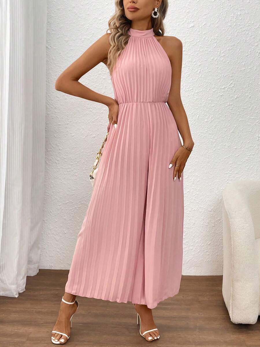 SHEIN Clasi Women Summer Casual Solid Color Pleated V-Neck Wide Leg Jumpsuit