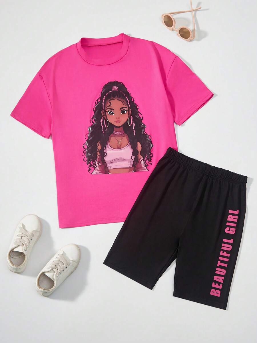 Set aus Lässig-Kurzarm T-Shirt mit bedruckten Cartoon-Charakteren und Radlerhose für Teenager Mädchen im Sommer (2 Stücke)