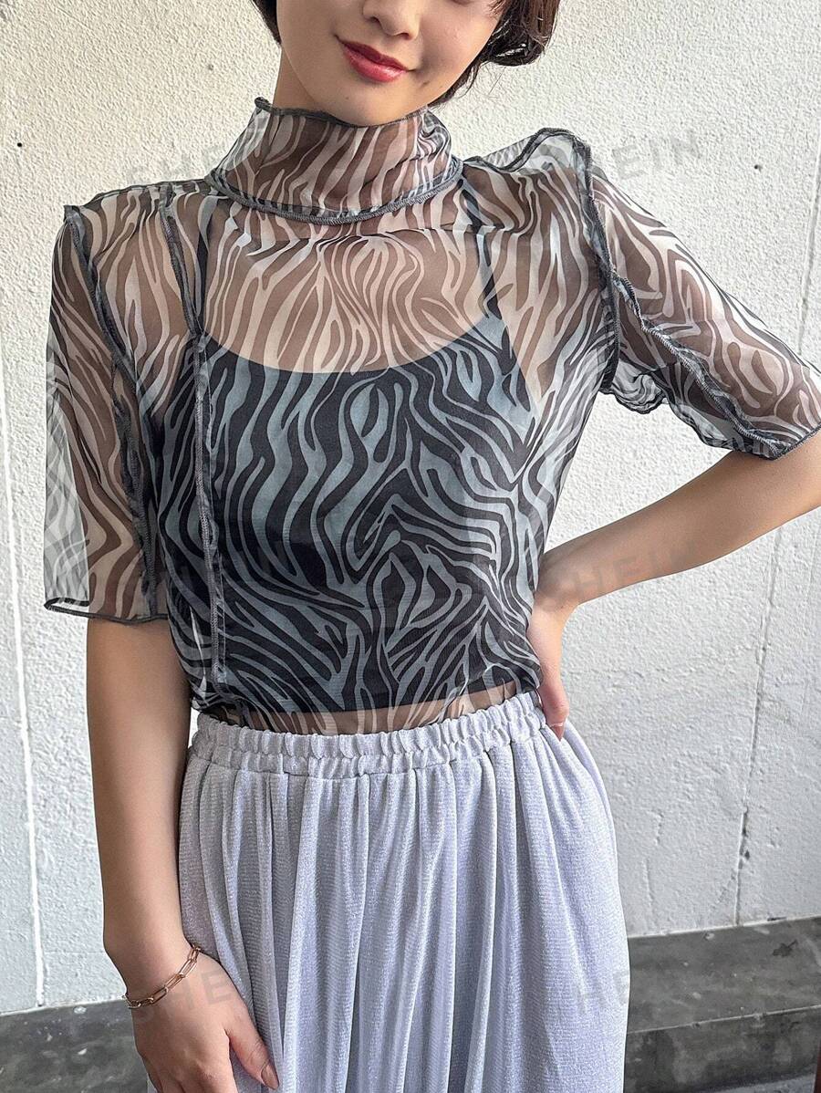 FRIFUL Parte superior de mujer de manga corta con cuello de malla transparente, adecuada para el verano, top corto para mujeres